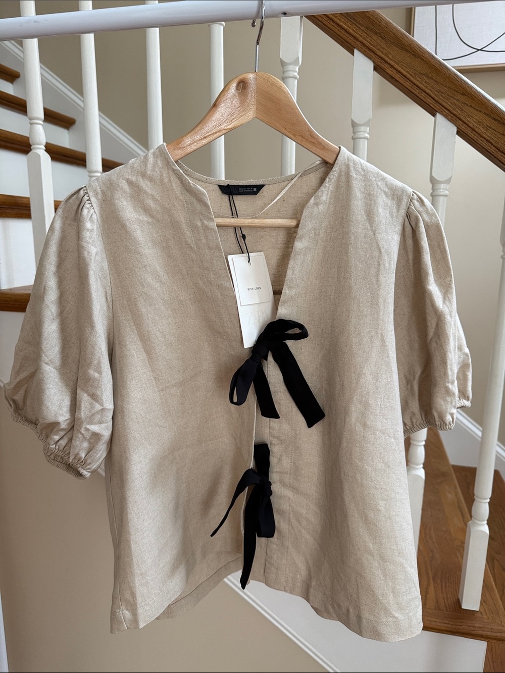ZARA linen blouse with front bow tie closure - Picture 3 of 7